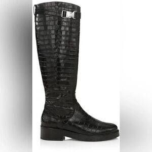 Black Croc-Embossed Knee-High Boots